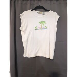 Palm‎ Grove White Sleeveless Tank Top, Women's Large Top, Flamingo Palm Tree